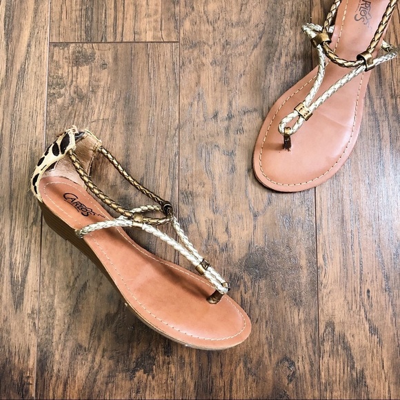 Carlos Santana • Friday sandals leopard pony hair gold braid strap wedge - Picture 2 of 11